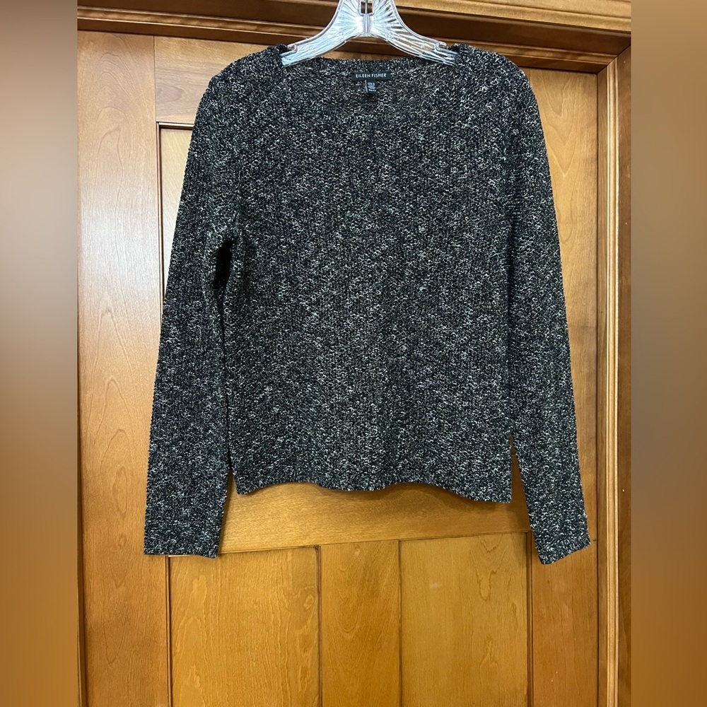 Eileen Fisher Black and White Knit Crop Sweater Size XS Cotton Linen Blend